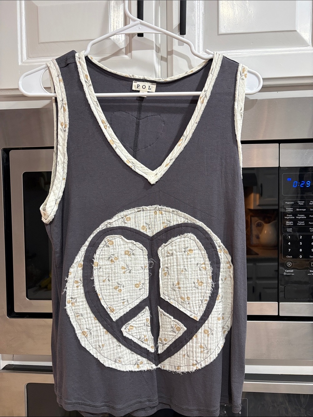 POL Charcoal Tank with Cream Peace-Heart Appliqué